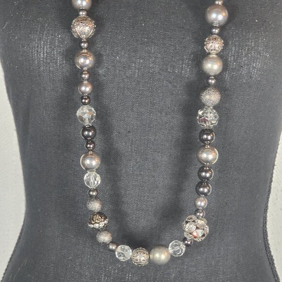 Chico's Gunmetal Filigree Crystal Ball Pewter Silver Faux Pearl 41" Necklace - Picture 3 of 16
